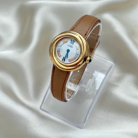 AUTHENTIC RARE VINTAGE CARTIER TRINITY WATCH - TAN LEATHER STRAP - WITH BOX - Picture 3 of 7